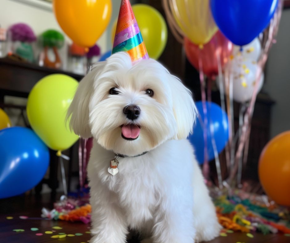 coton de Tulear with birthday balloons