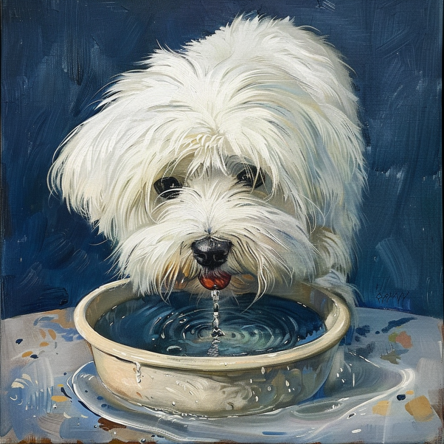 art rendering Coton de Tulear drinking water