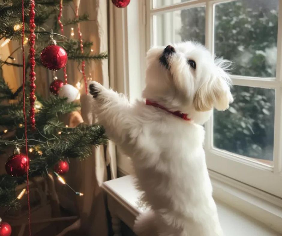 Coton de Tulear jumping on Christmas tree