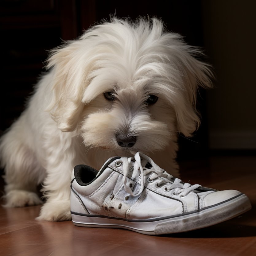 coton de Tulear chewing sneakers